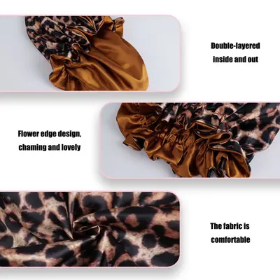 Satin Sleep Cap with Lace Trim, Hair-Care Bonnet, Leopard Print