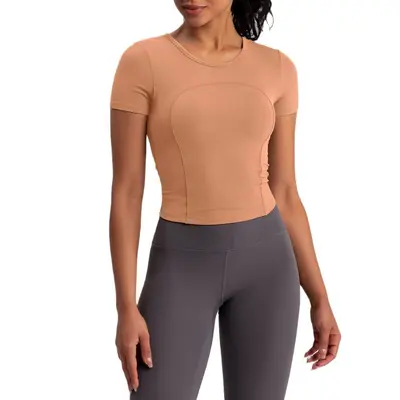 Athena lulu Summer New Yoga Wear Женская футболка с коротким рукавом и встроенными чашечками бюстгальтера, эффект «второй кожи», спортивный топ для бега и фитнеса - 5
