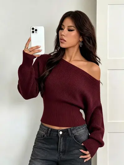 Langärmliger Damenstrickpullover mit Off-Shoulder-Ausschnitt - 9
