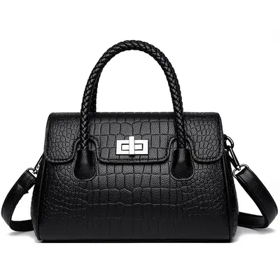 Women's Embossed Leather Shoulder Bag, Woven Cord Detail, Crossbody Strap - 12