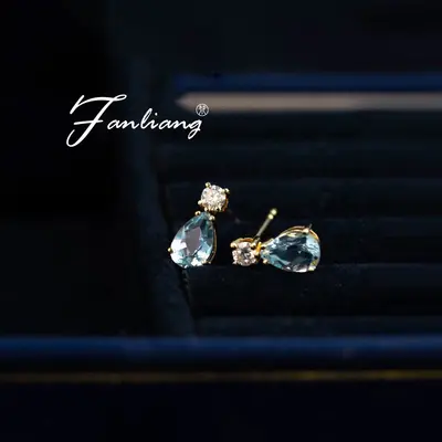 London Blue Topaz 18K gold water drop earrings, S925 sterling silver - 1