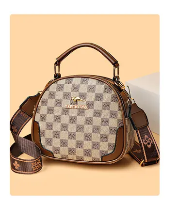 Plaid Small Round Women's Crossbody Bag, PU Leather - 6