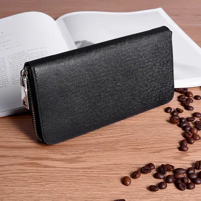 Men's Mid-Length Wallet, Split Leather, Zipper Clutch - 1
