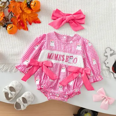 Baby Mädchen Langarm Halloween Strampler mit Schleife und Karomuster - 7