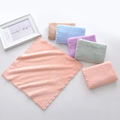 Plain coral velvet square towel manufacturer wholesale soft and absorbent kindergarten small towel home children hand towel fabric