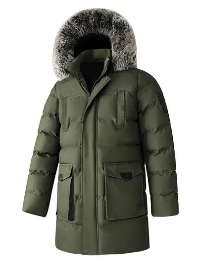 Winter-Neuheit Herren Mantel mittellang mit Pelzkragen, verdickt, mit Kapuze, große Größen, locker geschnittene Wattejacke, warm, Winterjacke