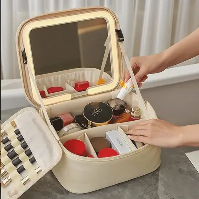 Makeup bag with mirror and LED light, portable organizer