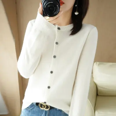 Women's OL Style Elegant Long-Sleeve Round Neck Straight-Cut Knit Cardigan Sweater - 12