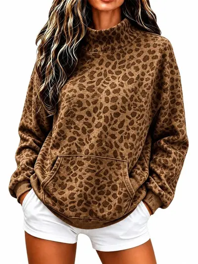 Women's Leopard Print High-Neck Sweatshirt, Loose Fit, Long Sleeve, Autumn Winter