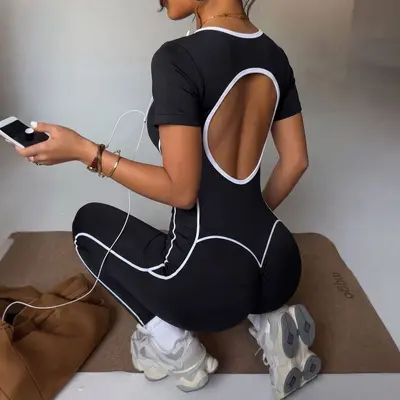 Color-blocking one-piece yoga suit, high-waist, backless - 7