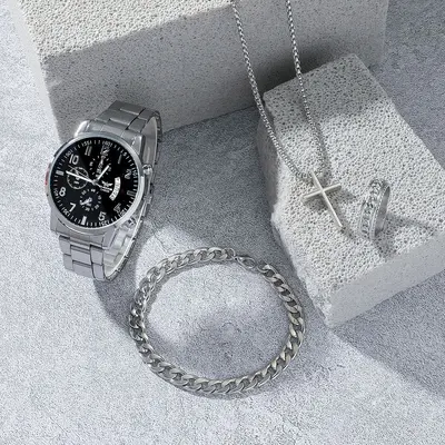 Men's 4-piece silver jewelry set with watch, bracelet, necklace, ring