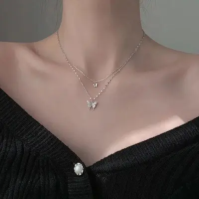 Double-Layer Butterfly Necklace for Women, Collarbone Chain