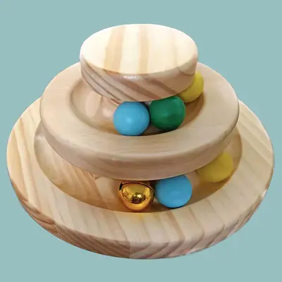 Solid Wood Cat Turntable Toy with Rolling Ball, Chew-Resistant, Customizable