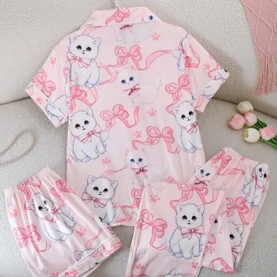 Women's Printed Pajama Set 3-Piece Short Sleeve Shorts Long Pants
