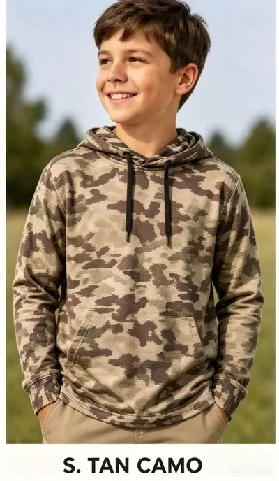 Çocuk kapüşonlu sweatshirt, kamuflaj desenli, çok renkli dış giyim üstü - 10