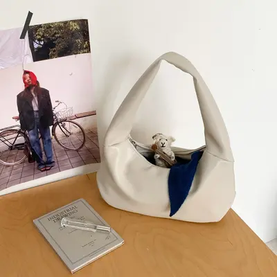 Kore Tarzı Minimalist Düz Renk Hobo Kadın Çanta, Yumuşak Deri, Tek Omuz - 7