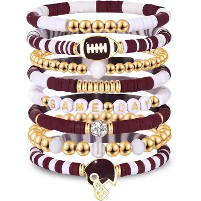 8-piece rugby bracelet set, multi-layer crystal heart, five-pointed star letter beads, soft clay friendship elastic bracelets