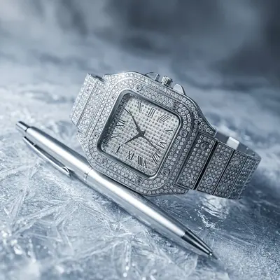 Men's watch, square diamond-studded, steel band, quartz - 8
