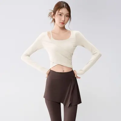 Women's Yoga Set with Built-in Chest Pads, Long Sleeve Faux Two-Piece Fitness Set - 10
