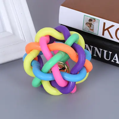 TPR Squeaky Rainbow Dog and Cat Toy, Woven Bell Ball - 5