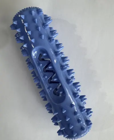 Dog toy, squeaky, teeth-cleaning stick with treat dispenser