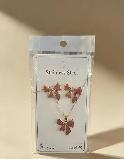 Flower and Water Drop Enamel Earring and Necklace Set, Stainless Steel - 11