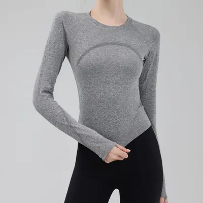 Damen-Sportshirt Yoga langärmlig schnelltrocknend Rundhals