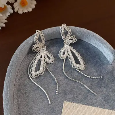Exquisite French Bow Butterfly Earrings Women's Luxury Premium Elegant Temperament Niche Design Long Tassel Ear Accessories