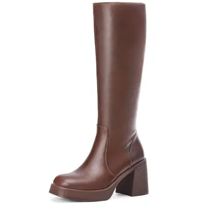 W 32188 Black Square Toe Chunky Heel Knee Boots - 10