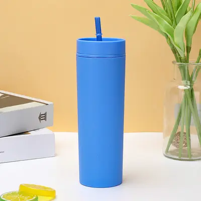 Sınır ötesi yeni çift katmanlı plastik düz bardak buzlu hissi veren 473 ml pipetli bardak AS kauçuk boya plastik - 10