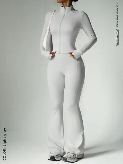 Zipper Long-Sleeve Jacket and Flare Pants Yoga Set, Nude-Feel Fitness Wear - 9