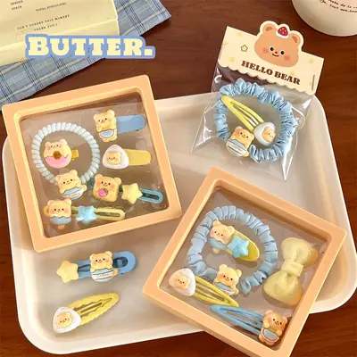 Cute pudding bear series hair accessories combination for girls, sweet broken hair bangs clip, high elastic hair rope and wholesale hair tie