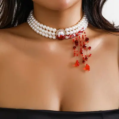 Cadılar Bayramı Kan Damlalı Retro Gotik Kolye, İmitasyon İnci Boncuklu Püsküllü Gerdanlık