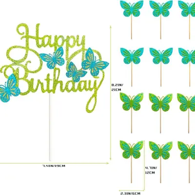 13 pcs Gold Glitter Butterfly Happy Birthday Cake Topper Set - 4