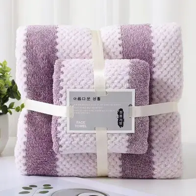 Banyo havlusu seti, mercan kadife, çizgili, emici - 9