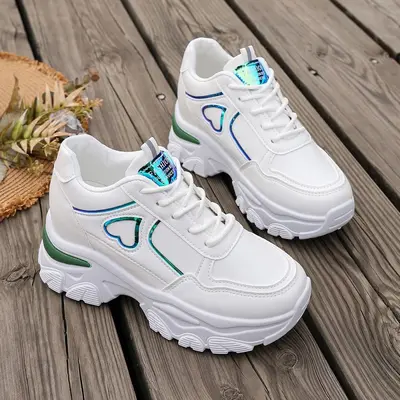 Women's Chunky Dad Sneakers with Hidden Heel, Plus Size, White - 7