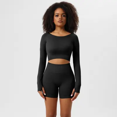 Herbst-Yogaset, 3-teilig, nahtlose Yogahose, Sport-Top und langärmliges Oberteil - 11