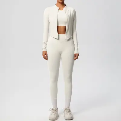 Solid Color Brushed Tight Fitness Jacket Three-Piece Set for Women - 11
