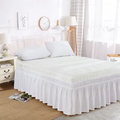Solid Color Elastic Bed Skirt with Built-in Ruffle Design - 7