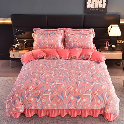 A-grade Thickened Milk Velvet Four-piece Bedding Set with Bed Skirt, Winter Heavyweight Single Bed Sheet, Double-sided Velvet Duvet Cover Three-piece Set A