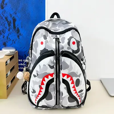 Großer Schulrucksack mit Haifisch-Print, Unisex Freizeitrucksack - 9
