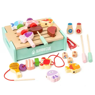 Children's Wooden Barbecue Grill Play Set, Realistic Kitchen Pretend Toy - 6