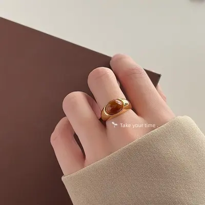 Vintage Enamel Zircon Ring Adjustable Tiger Eye Stone - 7