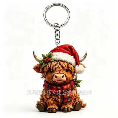 Highland Cow Acryl-Schlüsselanhänger, Cartoon-Kuh mit Cowboyhut