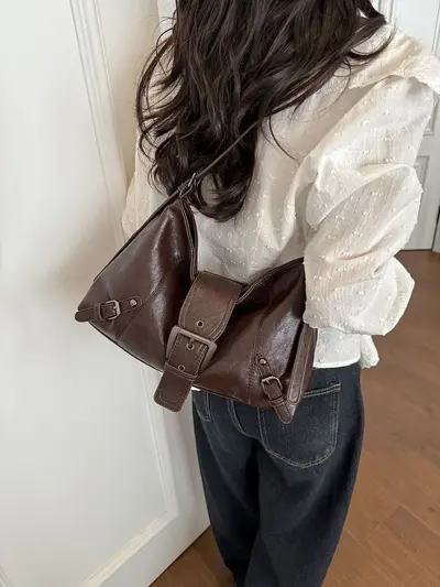 Women's Pleated Underarm Bag, Soft Leather Look, Minimalist - 6