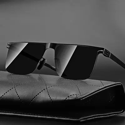 Schwarze Retro-Herrensonnenbrille, Rahmen aus Edelstahl - 7