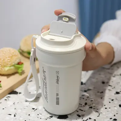 高颜值随行316不锈钢八角咖啡杯真空带提绳保温杯便携车载随行杯