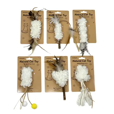 Natural Wool Cat Teaser Wand with Feathers, Teeth Cleaning Toy - 6