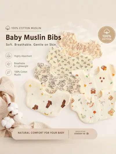 100% Cotton Gauze Baby Bib, Waterproof, Breathable, Soft for Newborns