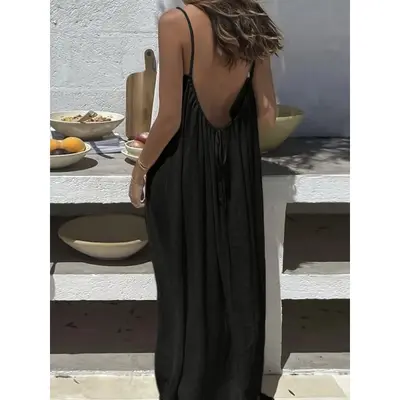 Women's Solid Color Backless Spaghetti Strap Home Dress